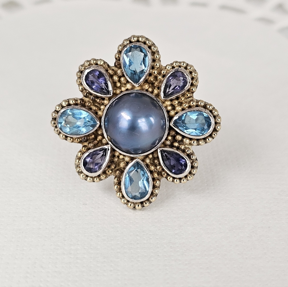 Exquisite Vintage Mabe Pearl, Swiss Topaz, Iolite Ring Sterling Silver Size 7! - Picture 7 of 8